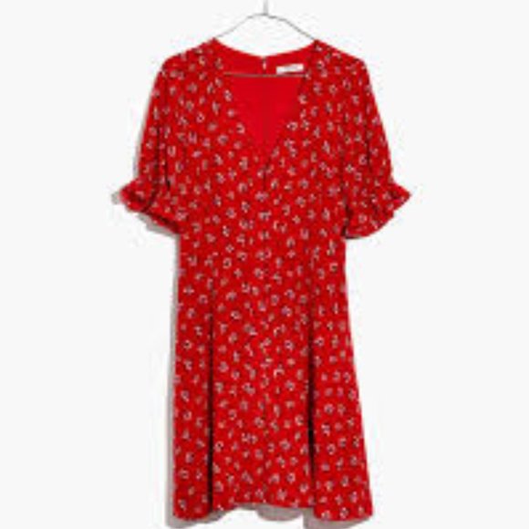 Red Silk Ruffle-Sleeve Button-Front Dress - Picture 3 of 7